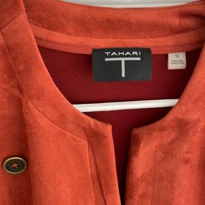 Tahari blazer, burnt, orange, faux suede with antique brass button accents.